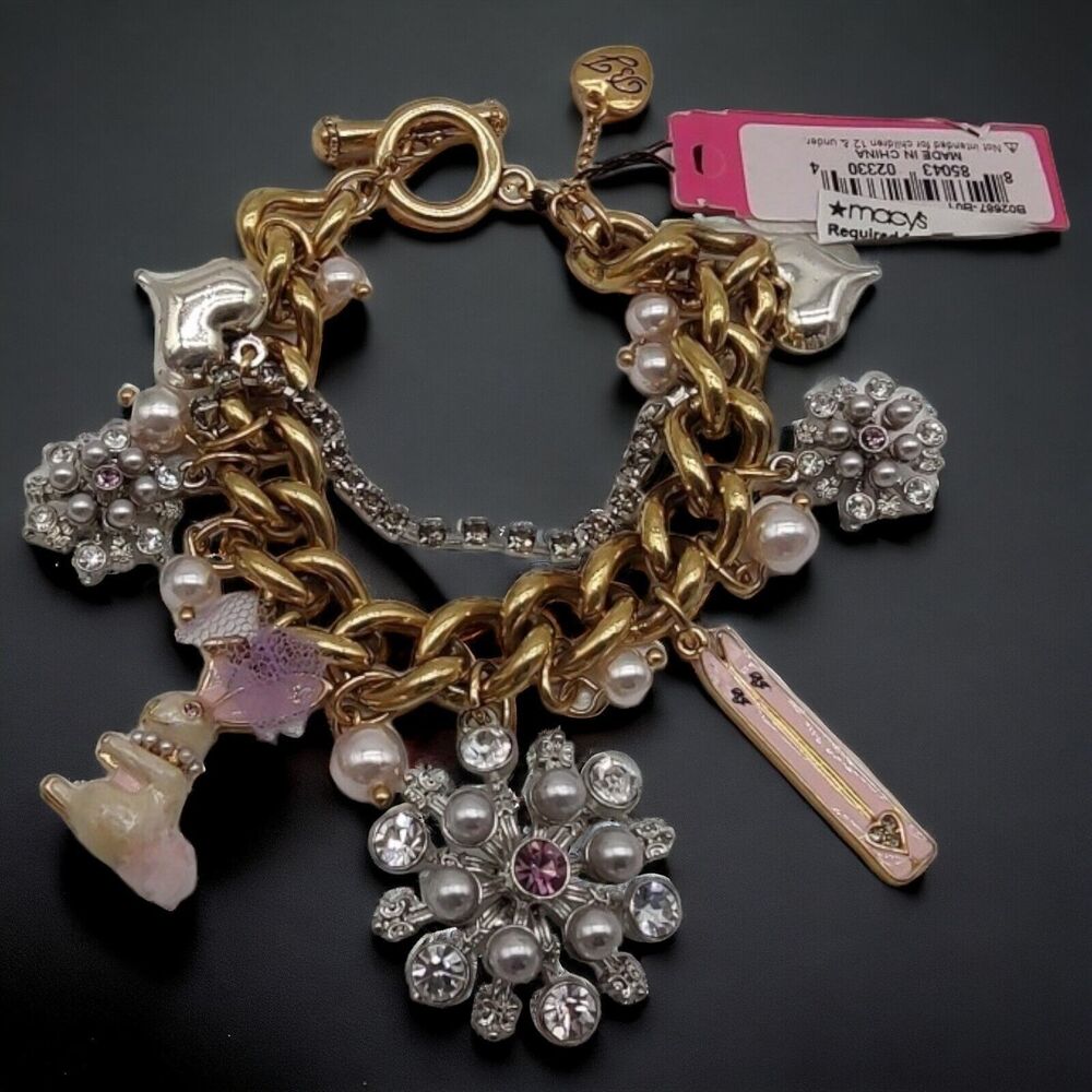 NEW Betsey Johnson Retro Glam Bunny Rabbit Skis Snowflake Gold Tone Bracelet - Picture 14 of 14